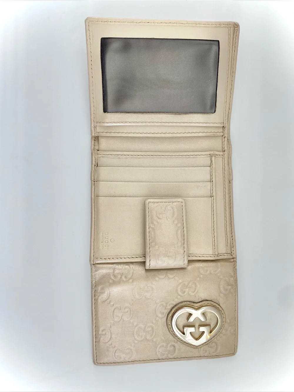 Gucci Cream Embossed GG Heart Logo Compact Wallet
